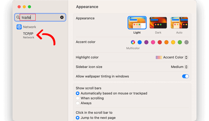 كيفية إصلاح خطأ ERR_CONNECTION_RESET في ووردبريس 14 في إعدادات نظام Mac، ابحث عن "TCP/IP"