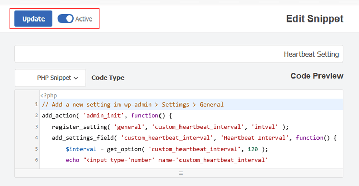 كيفية تقييد Heartbeat API في ووردبريس (طرق سهلة للمبتدئين) 6 تفعيل مقتطف إعدادات Heartbeat في WPCode