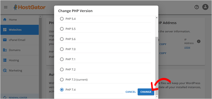 كيفية تحديث إصدار PHP الخاص بك في ووردبريس (الطريقة الصحيحة) 17 تغيير إصدار PHP في HostGator