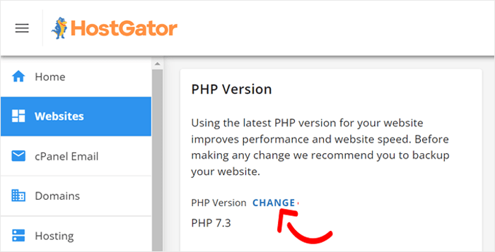 كيفية تحديث إصدار PHP الخاص بك في ووردبريس (الطريقة الصحيحة) 16 الضغط على زر Change في قسم إصدار PHP داخل HostGator