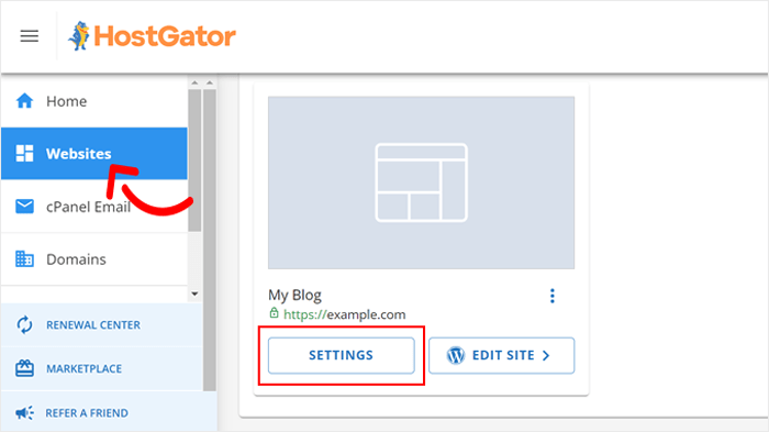 كيفية تحديث إصدار PHP الخاص بك في ووردبريس (الطريقة الصحيحة) 14 فتح علامة التبويب 'Websites' في HostGator والنقر فوق زر 'Settings'