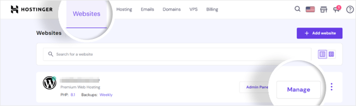 كيفية تحديث إصدار PHP الخاص بك في ووردبريس (الطريقة الصحيحة) 7 التبديل إلى علامة التبويب 'Websites ' في Hostinger والنقر فوق زر 'Manage '