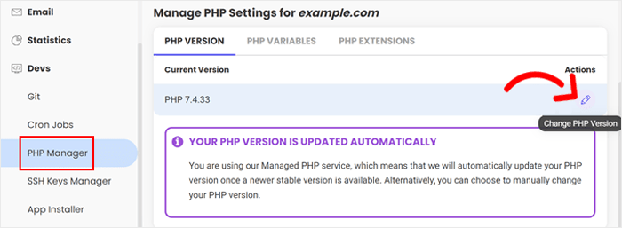 كيفية تحديث إصدار PHP الخاص بك في ووردبريس (الطريقة الصحيحة) 12 فتح مدير PHP الخاص بـ SiteGround والنقر على زر القلم الرصاص هناك