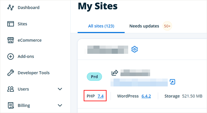 كيفية تحديث إصدار PHP الخاص بك في ووردبريس (الطريقة الصحيحة) 20 الضغط على رابط رقم PHP في WP Engine
