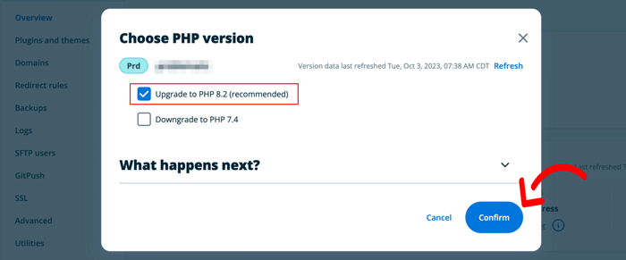 كيفية تحديث إصدار PHP الخاص بك في ووردبريس (الطريقة الصحيحة) 23 تأكيد تحديث إصدار PHP في WP Engine