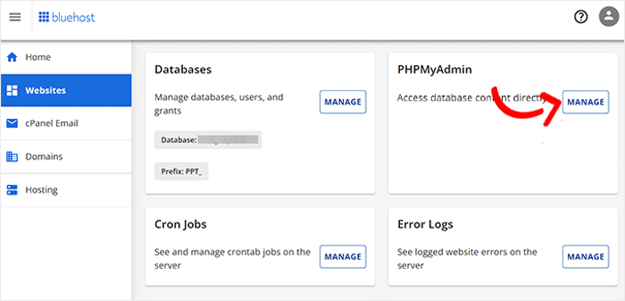 كيفية إصلاح خطأ ”WordPress Database Error Disk Full“ 4 انقر فوق زر 'Manage' بجوار خيار PHPMyAdmin