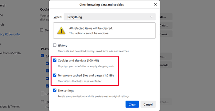 كيفية إصلاح خطأ Admin Ajax 400 (Bad Request) في ووردبريس 7 حذف ملفات تعريف الارتباط الخاصة بالمتصفح في فايرفوكس