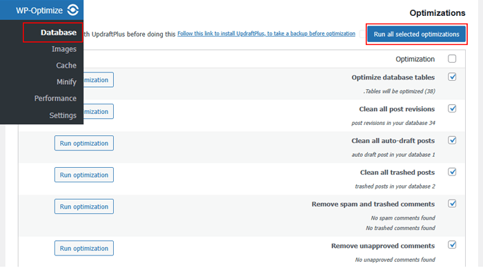 كيفية إصلاح خطأ ”WordPress Database Error Disk Full“ 3 تحسين قاعدة البيانات من لوحة تحكم ووردبريس