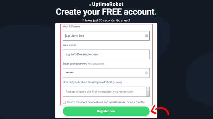 كيفية مراقبة وقت تشغيل سيرفر موقعك الإلكتروني ووردبريس (طريقة سهلة) 2 التسجيل للحصول على حساب UptimeRobot مجاني