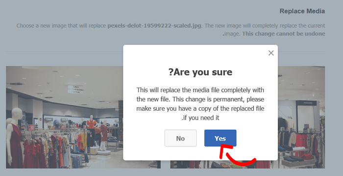 كيفية استبدال الصور وملفات الوسائط بسهولة في ووردبريس 7 زر 'Yas' في النافذة المنبثقة التحذيرية 'Are you sure؟' في Search & Replace Everything