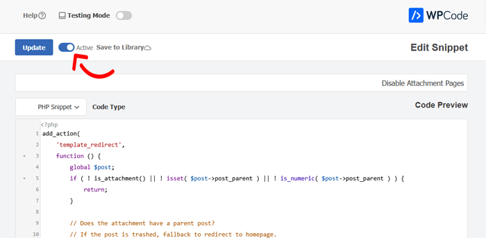 كيفية تعطيل صفحات إرفاق الصور في ووردبريس 3 النقر على التبديل لتنشيط مقتطف الكود في WPCode قبل النقر على التحديث