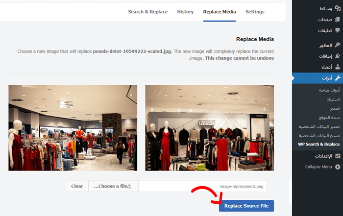 كيفية استبدال الصور وملفات الوسائط بسهولة في ووردبريس 6 زر استبدال ملف المصدر في Search & Replace Everything