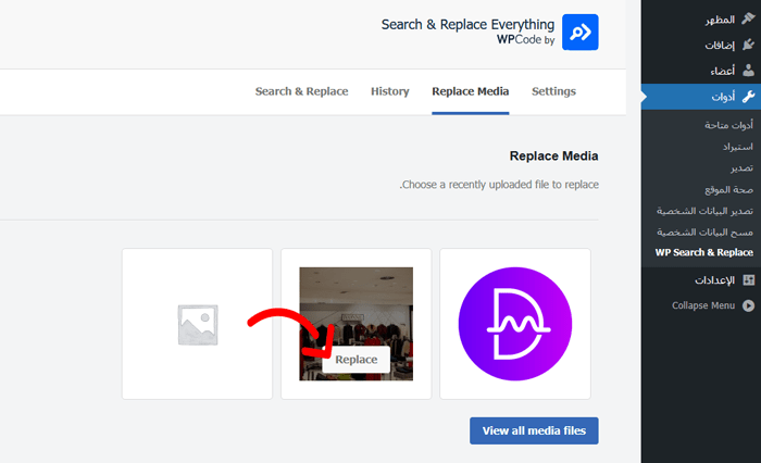 كيفية استبدال الصور وملفات الوسائط بسهولة في ووردبريس 4 زر الاستبدال في Search & Replace Everything